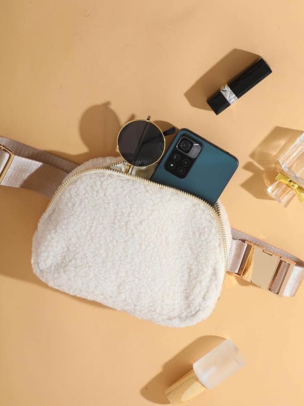 NEW Cream SHERPA Crossbody Belt Bag**ROSE GOLD buckles